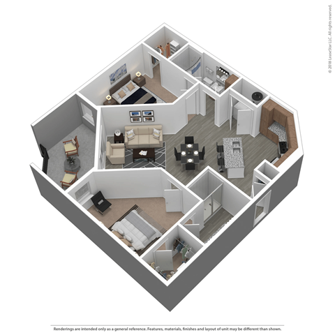 A 3D floor plan of a house with a kitchen, living room, and two bedrooms.